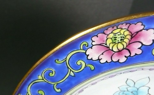 Antique Cloisonné Bronze Footed Bowl Yellow Butterfly Pink Blue Flowers HP!! - Picture 9 of 12