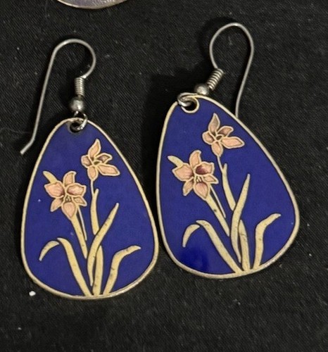 Vintage Cloisonne Enamel Earrings 3 Pair Lot Wire & Post Iris Tiger Lily Peony - Picture 4 of 6