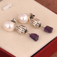 925 Sterling Silver Rough Amethyst & Mother Of Peart Handmade Push Back Earring
