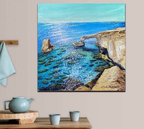 Original Oil Painting Stretched Canvas Seascape colorful wall art 20x20 Inches - Picture 2 of 2