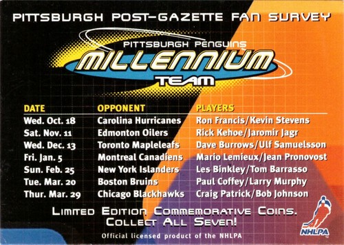 PITTSBURGH PENGUINS MILLENIUM TEAM POST-GAZETTE FAN SURVEY CARD NHLPA - Picture 2 of 2