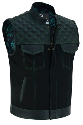 Mens Black Denim Leather Motorcycle Club Vest Green Thread