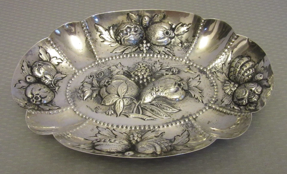 Antique Germany 800 Silver Repousse Fruit Dish Bowl crescent crown hallmark 8" - Image 2 of 4