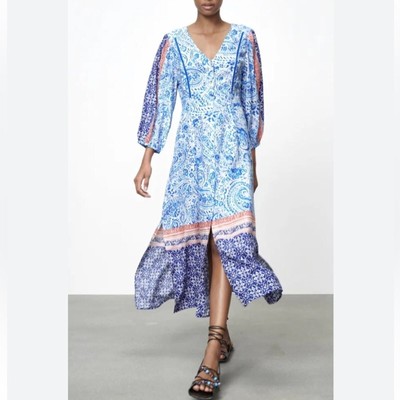 NWT Zara Midi Shirt Dress Blue White Paisley Button Front Blogger Fave Preppy