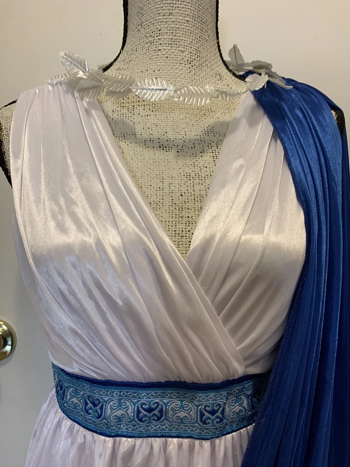 Goddessey Emperatriz Griega Vestido Diosa Disfraz Mujer Halloween L 12-14 Azul Blanco Foto 3 de 4