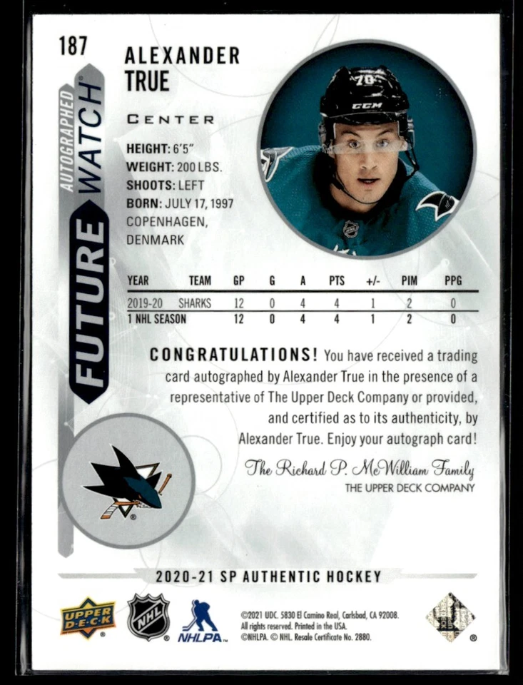 2020-21 SP Authentic Future Watch - Auto Alexander True 641/999 #187 - Image 2 of 2