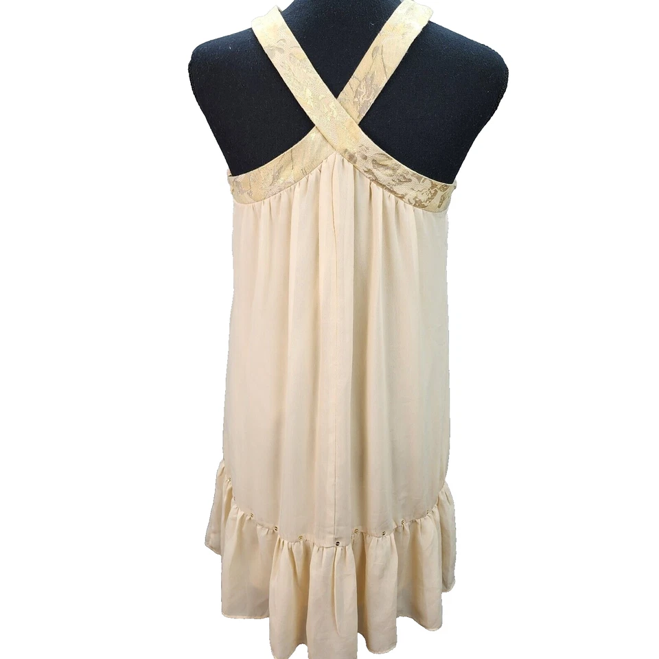 Sexy Mini Vestido Johnny Martin Sin Mangas Talla 7 Beige Dorado Frente Entrecruzado Noche Foto 3 de 4