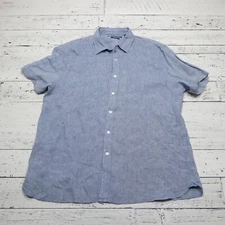 Perry Ellis 100% Linen Button Shirt Light Blue Breathable Summer Short Sleeve