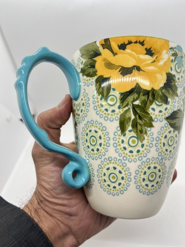 The Pioneer Woman Jumbo Stoneware Latte Yellow Rose Blue Coffee Tea Mug Cup - Picture 15 of 17