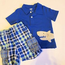 Gymboree 6-12 mo Boys Deep Sea Adventure Shark Polo Blue Plaid Shorts Set NWT