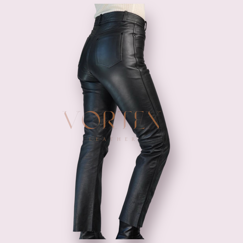 Black Vintage Leather Tight Leather Pants For Ladies Slim Fit Real Soft Leather - Picture 5 of 7
