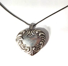 Victorian Sterling Silver Baroque Relief Heart Locket Pendant Necklace Lot 24"