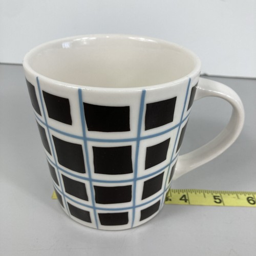 2004 Starbucks Coffee Cup Mug 16 Fl Oz White Black Squares Blue Grid Lines Check - Picture 15 of 17