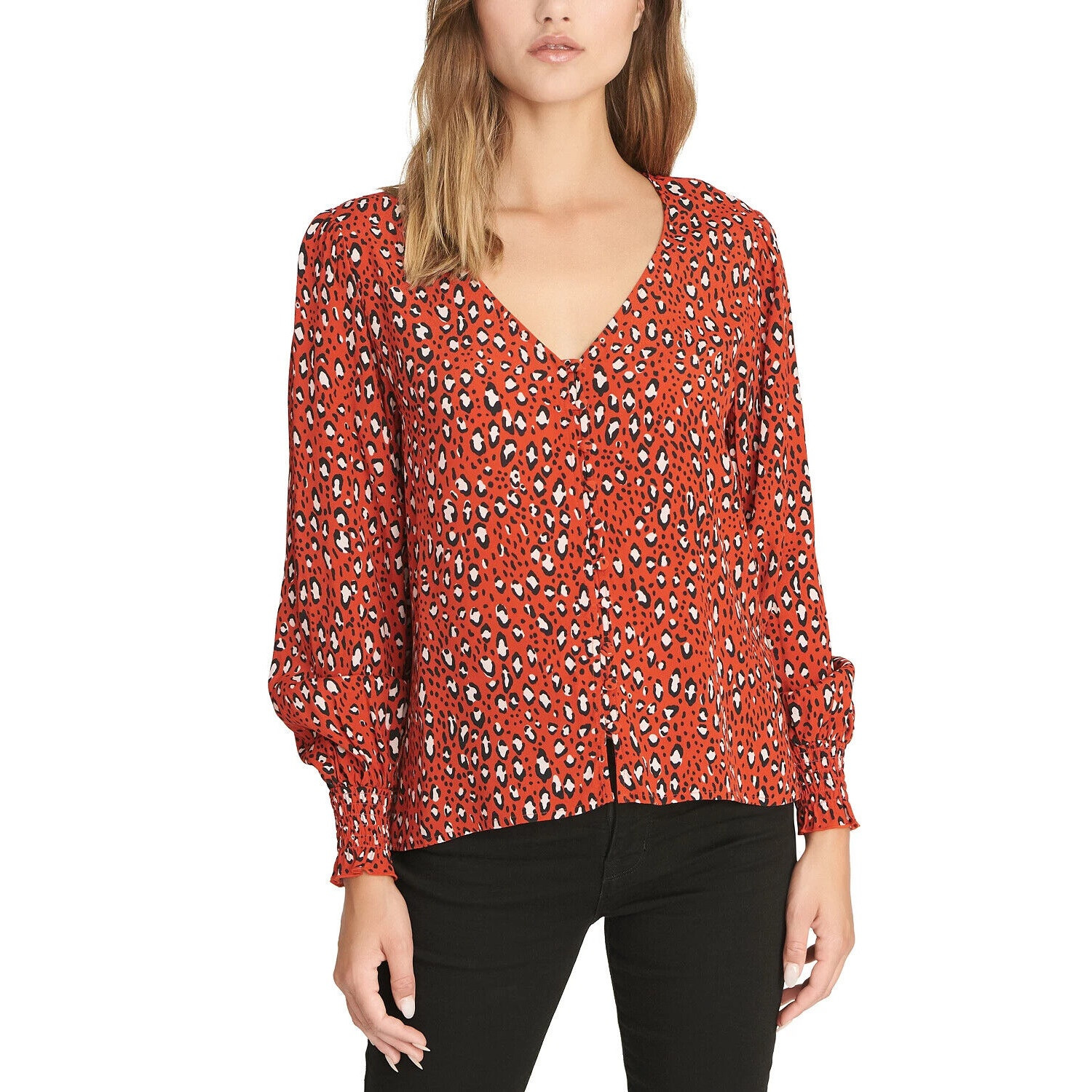 Sanctuary Noelle Leopard Print Smocked Sleeve Button Down Blouse *SMALL FLAW*