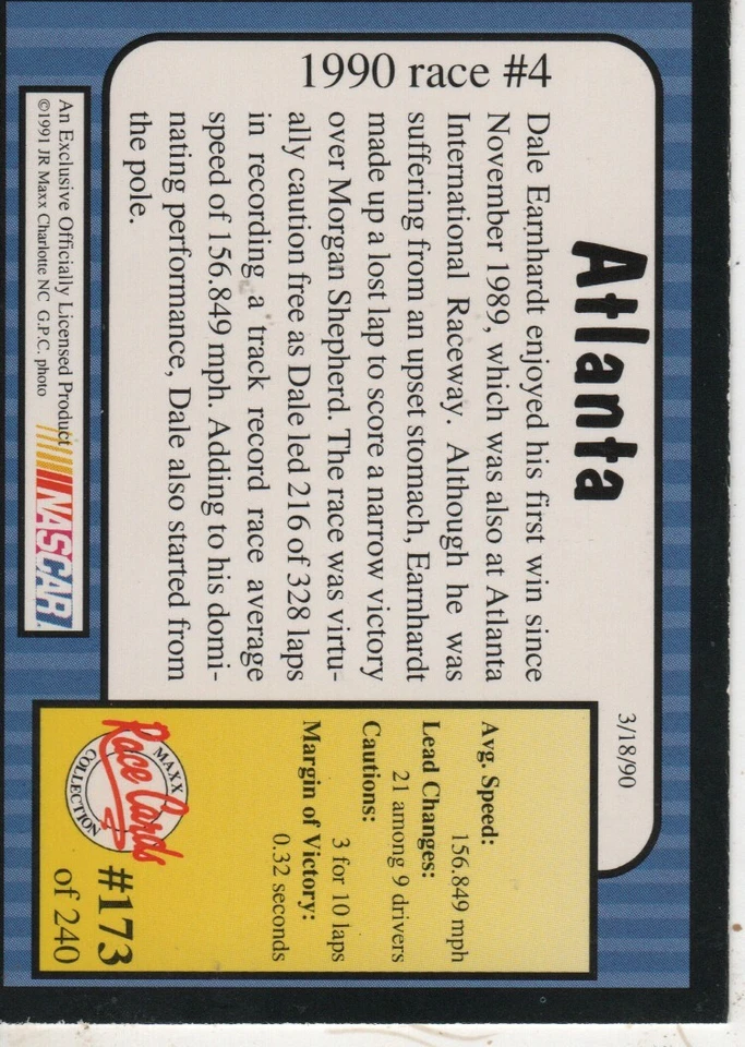 Dale EARNHARDT 1991 Maxx Racing #173 1990 Race 4 Atlanta Sports Card Vintage Era - Image 4 of 4