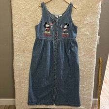 VTG Disney Women Large Denim Minnie Mickey Mouse Embroidered Overall Maxi 90s