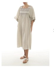 Tory Burch Linen Caftan Dress Small Med Geometric Embroidered Smocked Boho Beach