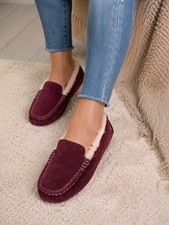 Slippers are burgundy suede UGG Ansley with a distinctive sheepskin inner lining