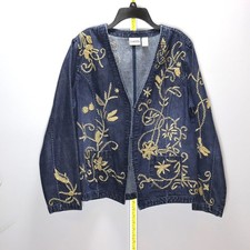 Chico  s Embroidered Denim Jacket Floral Stitching Size 2 L