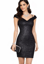 Lipsy Black Bodycon Glitter Dress 12 UK Party Occasion Sparkly Sexy Club Wedding
