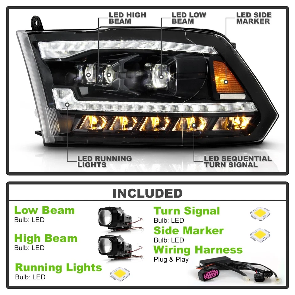 Faros proyectores LED completos negros para Dodge Ram 1500 2009-2018 Foto 4 de 4