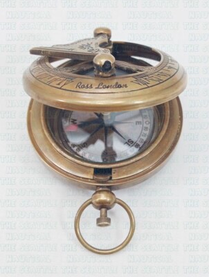 Antique Brass Sundial Compass Ross London Push Button Compass