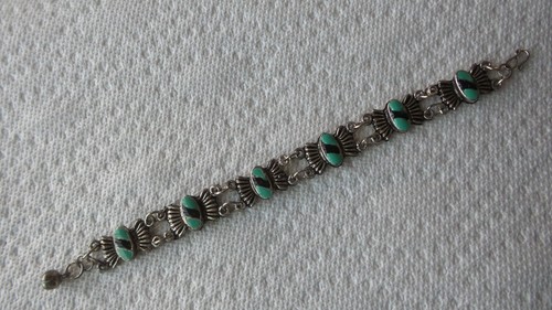 Vintage Emaille, silberfarben, Gliederarmband, 7", Türkis & schwarze Kunststeine