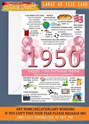 Personalisierte große Karte 75. Geburtstag A5 1950 weiblich Geburtsjahr Mutter Freundin