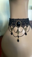 Halloween Gothic Victorian Black Lace Choker Necklace Collar Black Gem Adorned