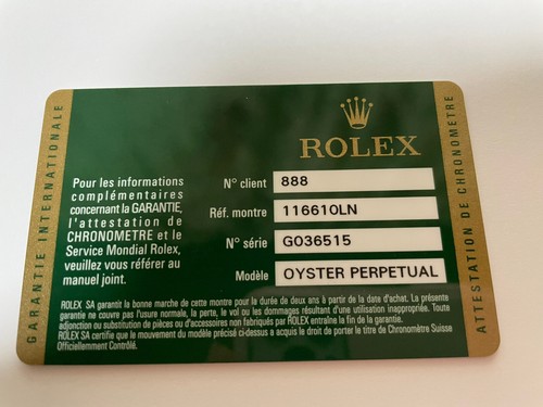 ROLEX WATCH GUARANTEE CARD 16610 LN SUBMARINER WARRANTY CERTIFICATE 40500