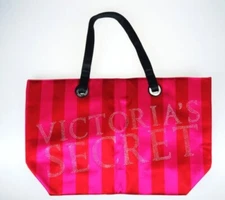 Victoria's Secret Pink Red Satin Striped Rhinestone Bling Tote Weekender Bag L