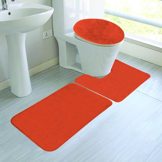 ORANGE COLORS BANDED BATHROOM SET BATH MAT COUNTOUR RUG LID COVER PLAIN
