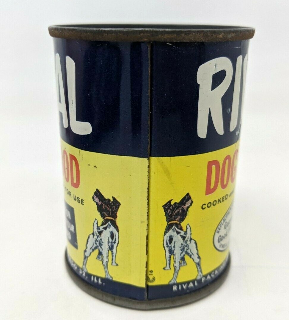 VTG MCM 1950s Rival Dog Food Advertising Metal Tin Can Coin Piggy Bank