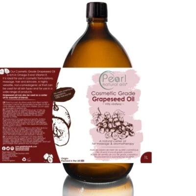 PEARL NATURAL OILS Grapeseed Oil, 100% Pure, Cold Pressed, Cosmetic Grade Carrier Oil 1 litre