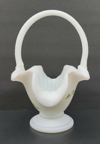 Fenton Opal Satin Ribbed Lamb's Tongue Basket Hand Painted Pansies A. Farley - Picture 2 of 11