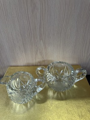 Vintage Cut Glass Crystal, Libby, Creamer and Sugar Bowl with Etched Diamond.