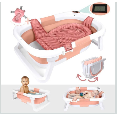 Bebeleh Foldable Baby Bath Tub with Newborn Sling Pink Portable Easy Storage