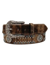 Nocona Women's 1 1/2" Calf Hair Belt w/ Aqua Stone Round Concho, Brown