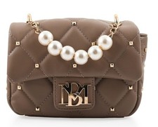 Badgley Mischka Quilted Taupe Shoulder Bag Pearl Studded Accent Gold Hardware