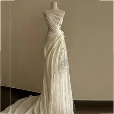 Spaghetti Strap Satin Mermaid Wedding Dress Draped Bodice Lace Tulle Bridal Gown