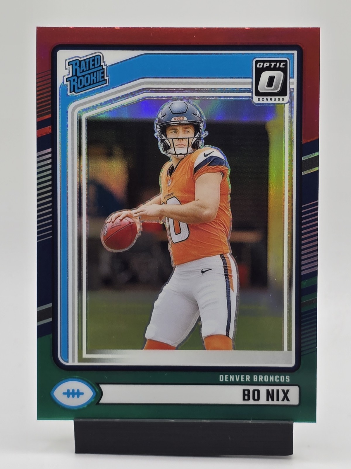 2024 Panini Donruss Bo Nix Rated Rookie Optic Preview Red & Green Prizm #369 RC