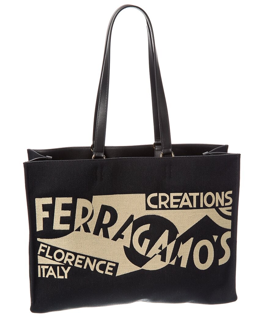 Большая женская сумка-тоут с кожаной отделкой и логотипом Ferragamo черного цвета 178090₽