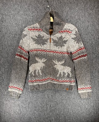 Canadiana Zip-Up Strickpullover Damen Large Elch Design - warmer Winterpullover
