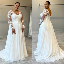 Chiffon Wedding Dresses V-Neck Full Sleeve Backless Civil Bride Gowns Applique