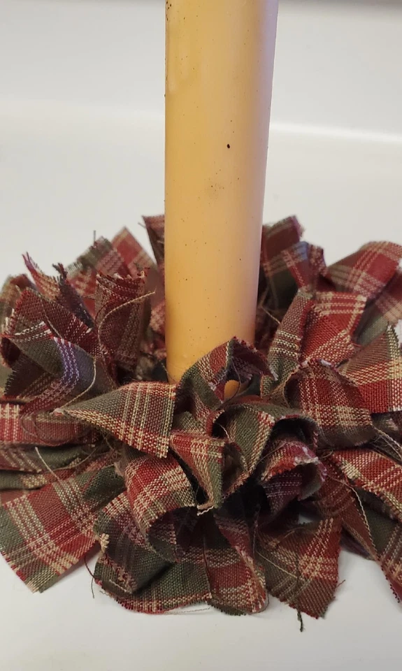 Country Primitive Christmas Plaid Taper Candle Ring ~ Mini Rag Wreath - Image 3 of 4