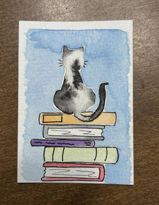 ACEO Amanda Ashley “Cat Butt on Dark Academia Books”  Signed OOAK Unframed