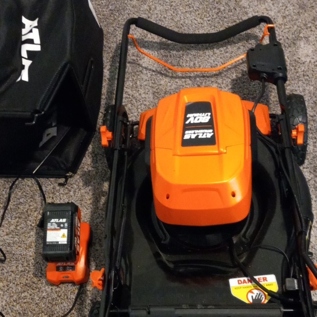 ATLAS 80V Brushless 21-Inch Walk-Behind Lawn Mower Battery Charger Grass Catcher