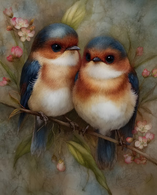 8x10 Cozy Storybook Two Birds Sitting on Branch Flowers Art Print - 562790038