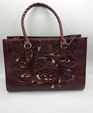 Patricia Nash Leather Primrose Satchel British Tan Tooled Embossed Over Gold 13"