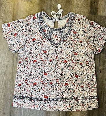 Daniel Rainn Floral Boho Top Womens L Short Sleeve Keyhole Tie Neck Rayon Indie